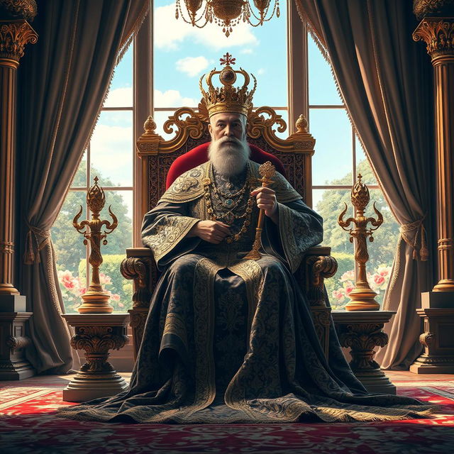 A majestic emperor sitting on a grand, ornate throne in a lavish palace