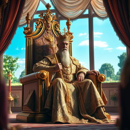 A majestic emperor sitting on a grand, ornate throne in a lavish palace