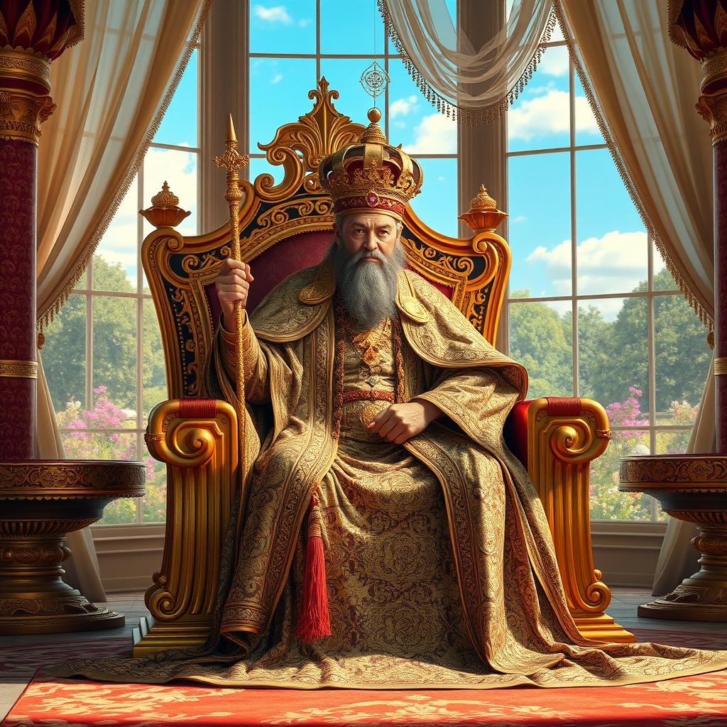 A majestic emperor sitting on a grand, ornate throne in a lavish palace