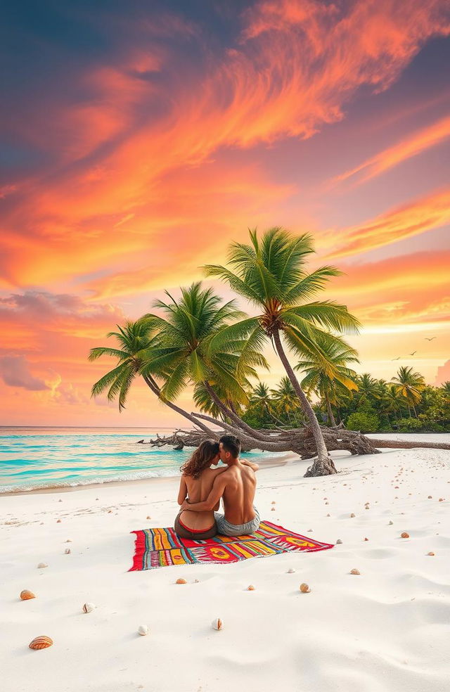 A picturesque isolated island landscape featuring a romantic couple enjoying their time together