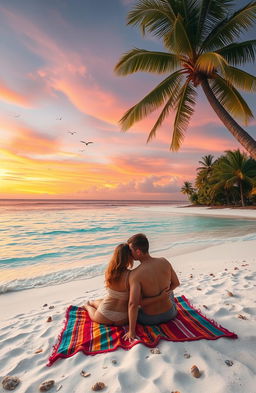 A picturesque isolated island landscape featuring a romantic couple enjoying their time together