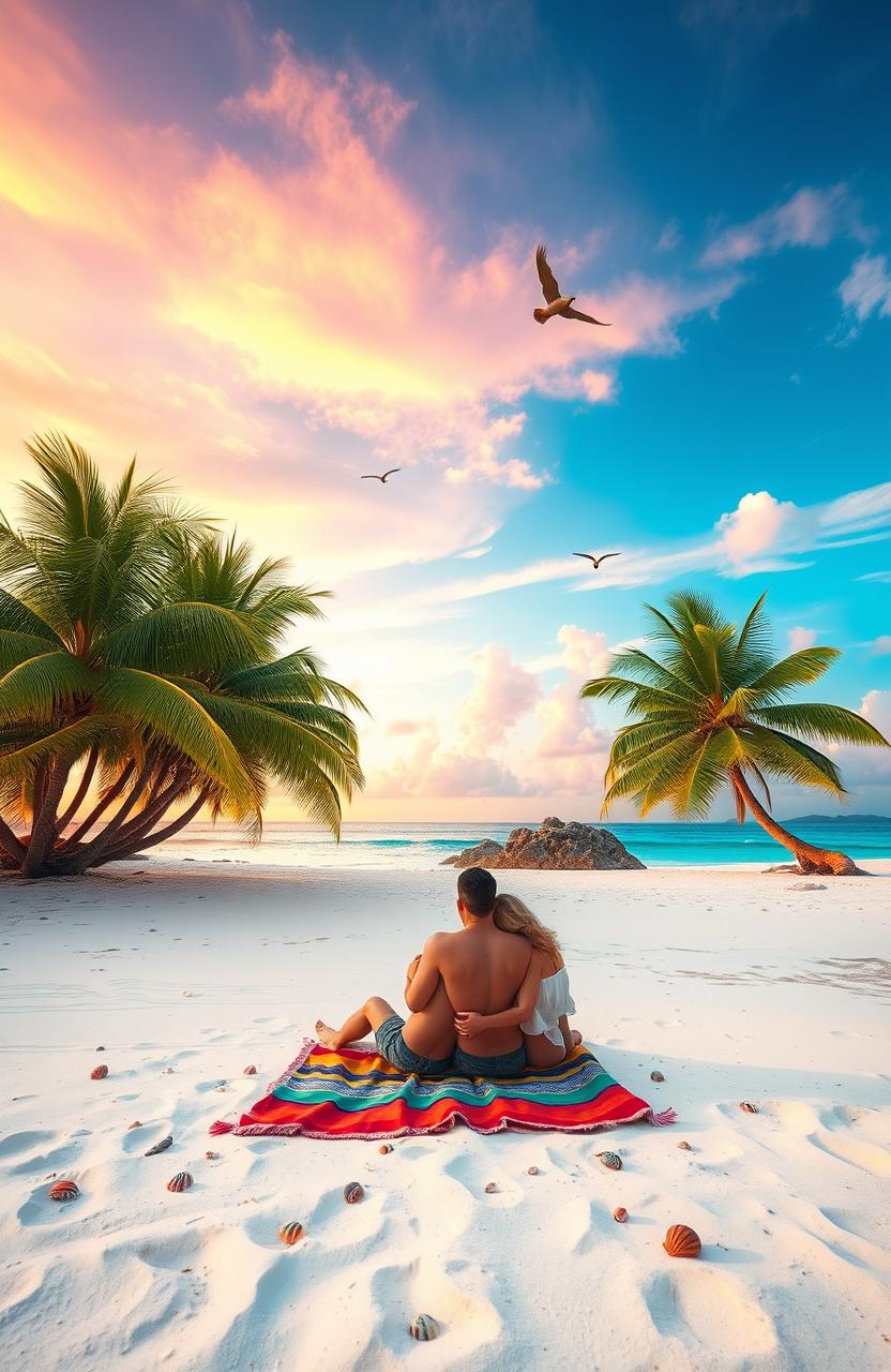 A picturesque isolated island landscape featuring a romantic couple enjoying their time together