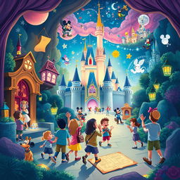 An imaginative illustration depicting various hidden secrets of Disney parks, featuring iconic elements like the Cinderella Castle, hidden Mickeys, and whimsical scenes from classic Disney movies