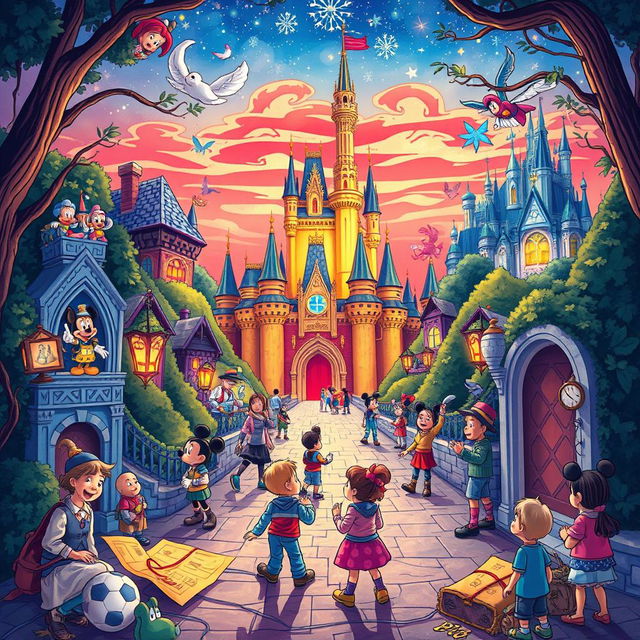 An imaginative illustration depicting various hidden secrets of Disney parks, featuring iconic elements like the Cinderella Castle, hidden Mickeys, and whimsical scenes from classic Disney movies