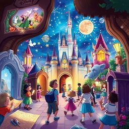 An imaginative illustration depicting various hidden secrets of Disney parks, featuring iconic elements like the Cinderella Castle, hidden Mickeys, and whimsical scenes from classic Disney movies