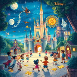 An imaginative illustration depicting various hidden secrets of Disney parks, featuring iconic elements like the Cinderella Castle, hidden Mickeys, and whimsical scenes from classic Disney movies