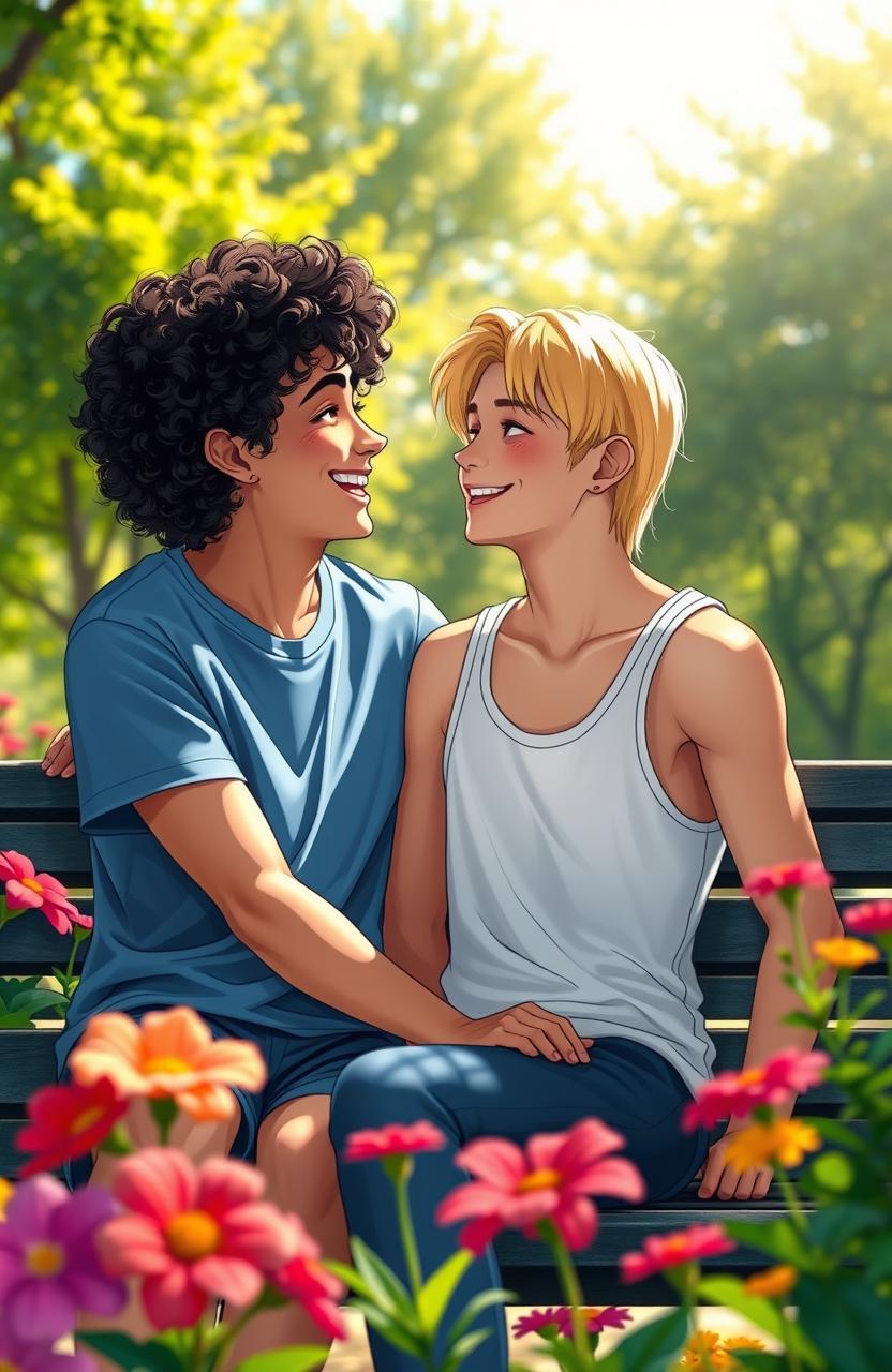 A heartfelt scene depicting two teenage boys with diverse appearances, sharing a tender moment in a sunlit park