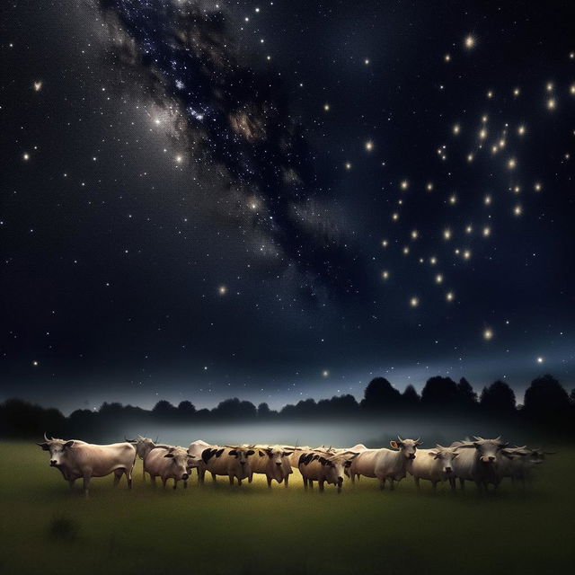 A stunning fleet of Bovine Pegasus, all with majestic wings, cruising gracefully in the starlit sky.