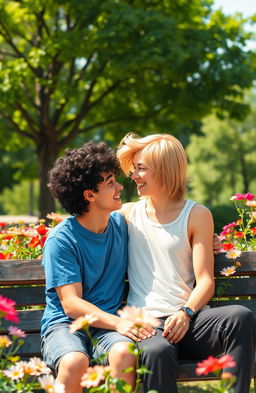 A heartfelt scene depicting two teenage boys with diverse appearances, sharing a tender moment in a sunlit park