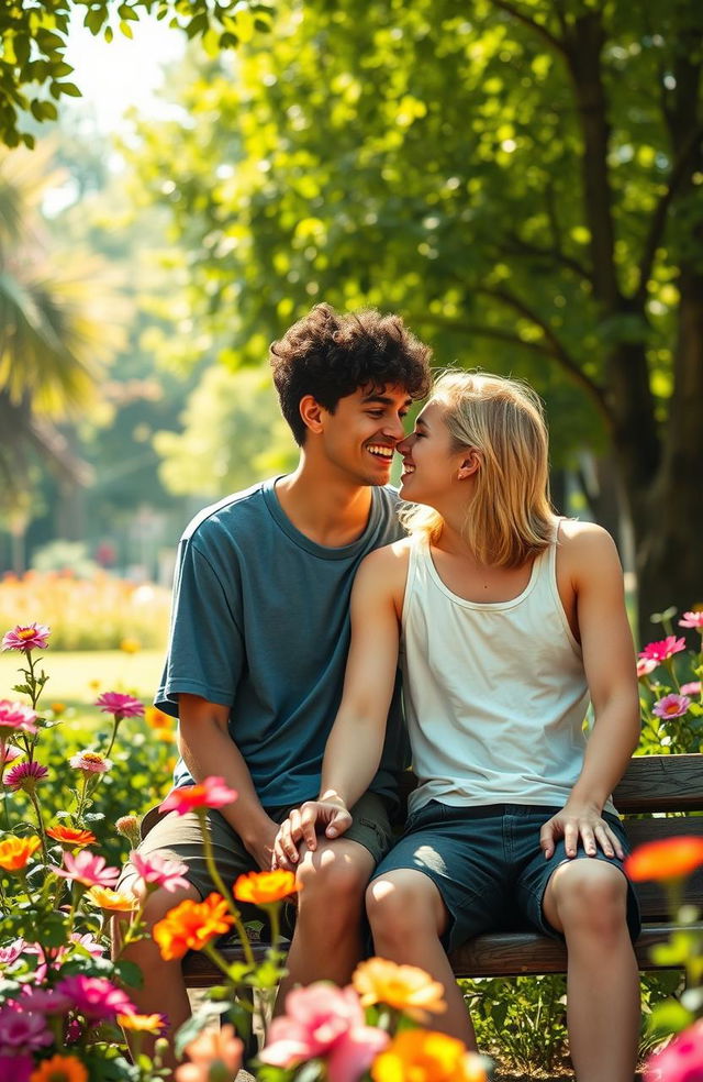 A heartfelt scene depicting two teenage boys with diverse appearances, sharing a tender moment in a sunlit park