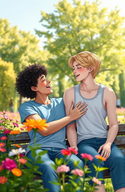 A heartfelt scene depicting two teenage boys with diverse appearances, sharing a tender moment in a sunlit park