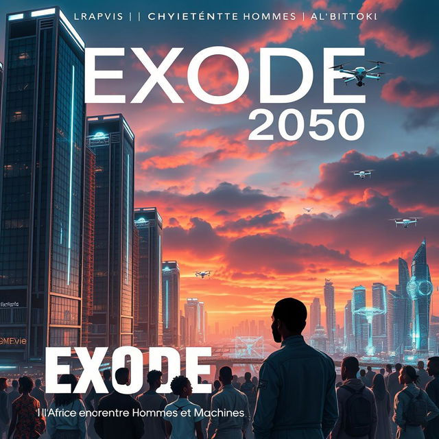 A captivating science fiction book cover for 'Exode 2050: l'Afrique entre Hommes et Machines' by Chyvie BITOKI