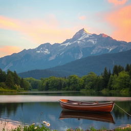 A serene landscape featuring a majestic mountain range at sunrise, with soft pastel colors illuminating the skies