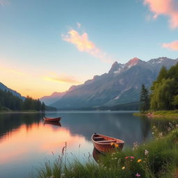 A serene landscape featuring a majestic mountain range at sunrise, with soft pastel colors illuminating the skies