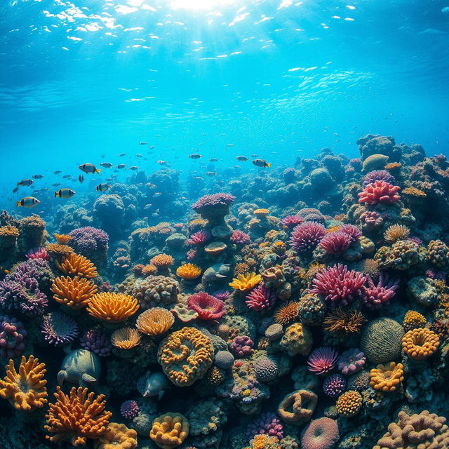 A stunning underwater coral reef scene, vibrant and colorful, showcasing a variety of corals in intricate patterns and shapes