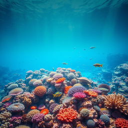 A stunning underwater coral reef scene, vibrant and colorful, showcasing a variety of corals in intricate patterns and shapes