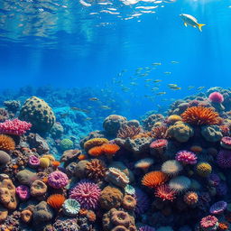 A stunning underwater coral reef scene, vibrant and colorful, showcasing a variety of corals in intricate patterns and shapes