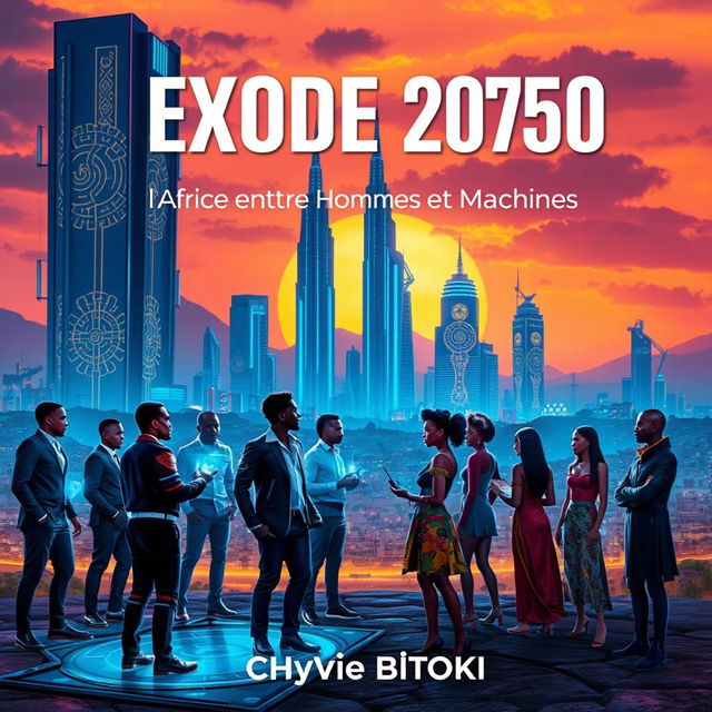 A captivating science fiction book cover for 'Exode 2050: l'Afrique entre Hommes et Machines' by Chyvie BITOKI