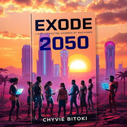 A captivating science fiction book cover for 'Exode 2050: l'Afrique entre Hommes et Machines' by Chyvie BITOKI