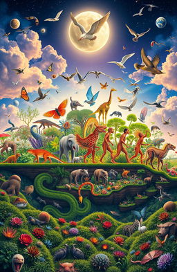 A dynamic and visually stunning representation of evolution, showcasing a vibrant timeline of species, from simple single-celled organisms evolving into diverse complex life forms