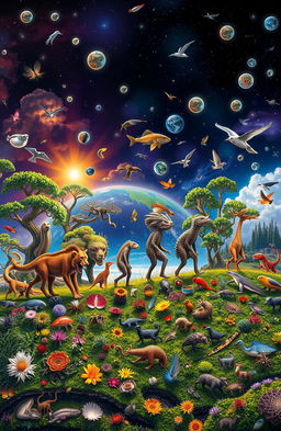 A dynamic and visually stunning representation of evolution, showcasing a vibrant timeline of species, from simple single-celled organisms evolving into diverse complex life forms