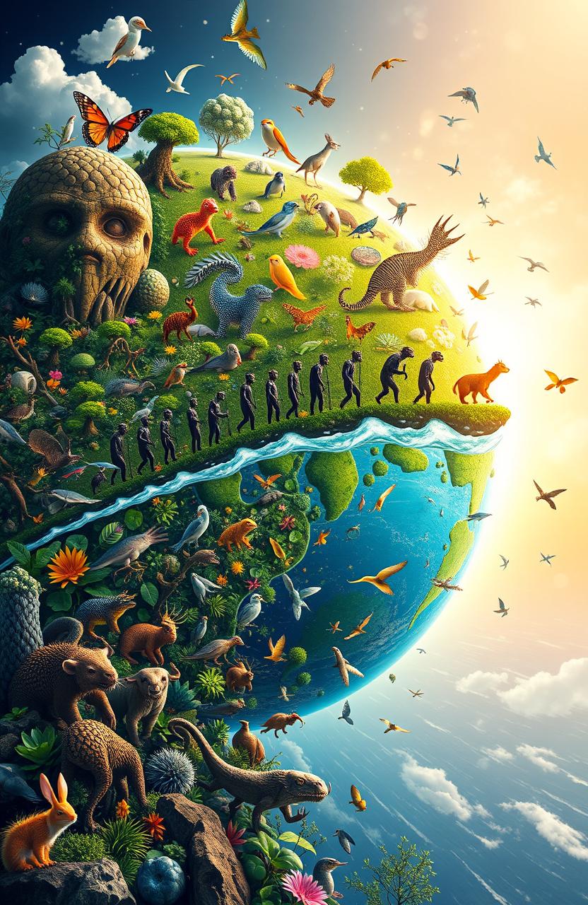 A dynamic and visually stunning representation of evolution, showcasing a vibrant timeline of species, from simple single-celled organisms evolving into diverse complex life forms