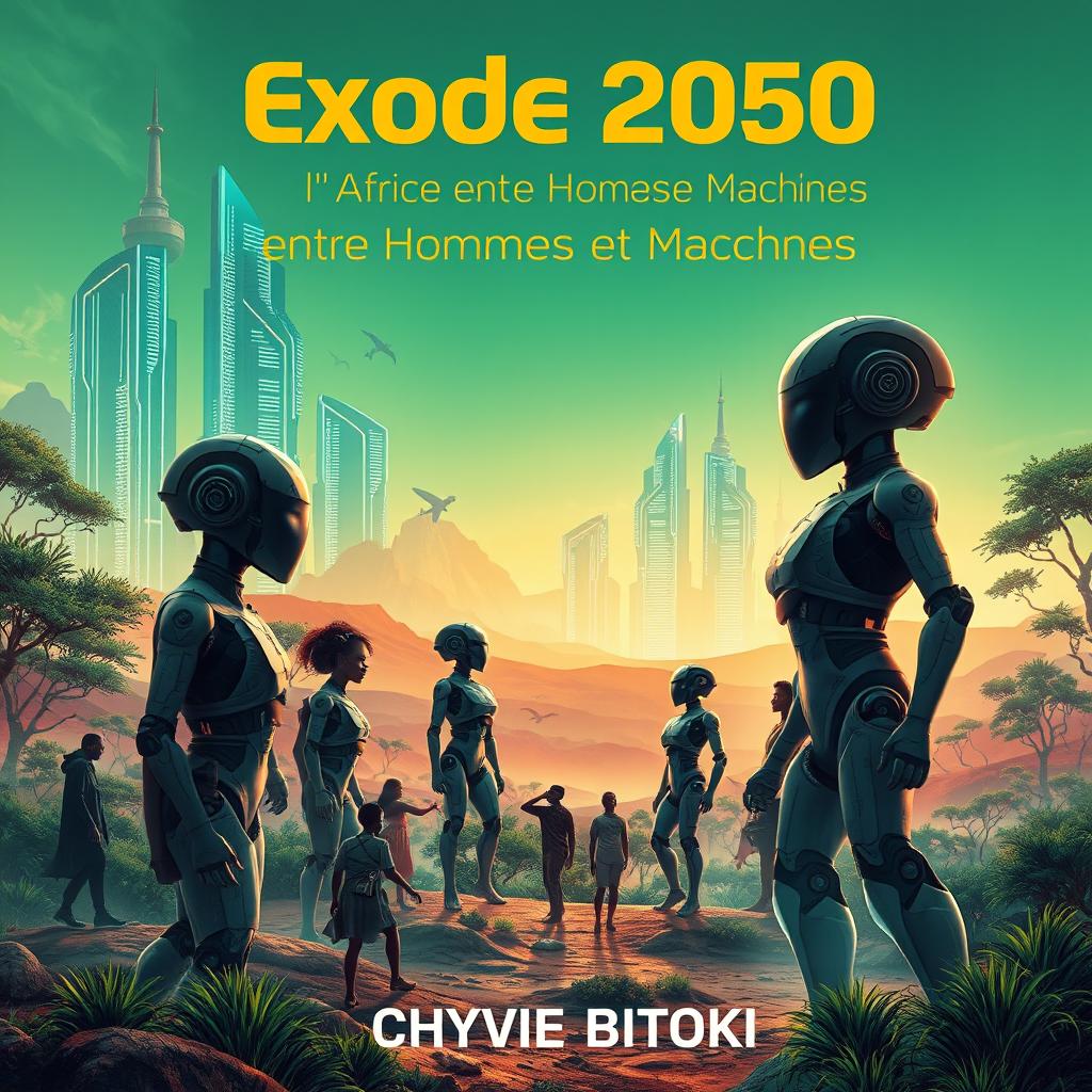 A captivating science fiction book cover for "Exode 2050: l'Afrique entre Hommes et Machines" by Chyvie BITOKI