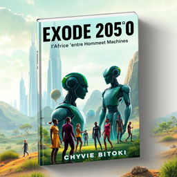 A captivating science fiction book cover for "Exode 2050: l'Afrique entre Hommes et Machines" by Chyvie BITOKI