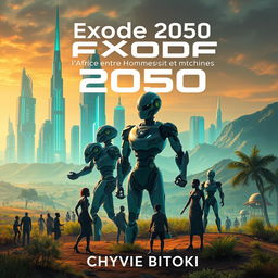 A captivating science fiction book cover for "Exode 2050: l'Afrique entre Hommes et Machines" by Chyvie BITOKI
