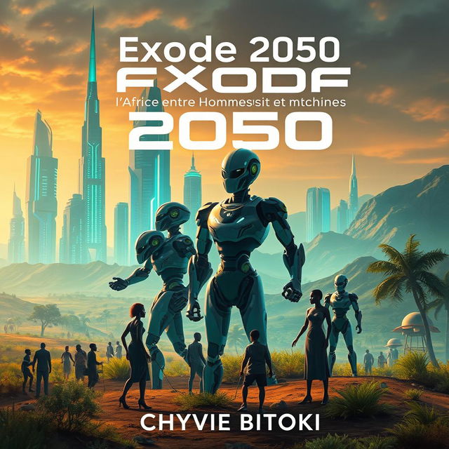 A captivating science fiction book cover for "Exode 2050: l'Afrique entre Hommes et Machines" by Chyvie BITOKI