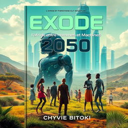 A captivating science fiction book cover for "Exode 2050: l'Afrique entre Hommes et Machines" by Chyvie BITOKI