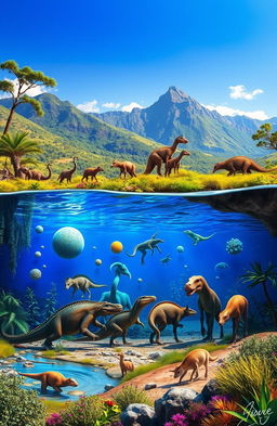 A stunning depiction of the concept of evolution, showcasing the gradual transformation of a simple organism into complex life forms