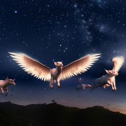 A stunning fleet of Bovine Pegasus, all with majestic wings, cruising gracefully in the starlit sky.