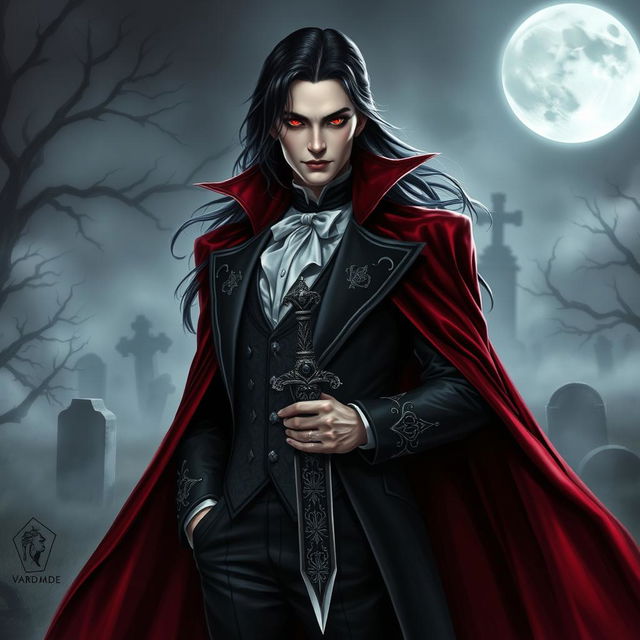 A striking vampire character design for a gothic novel cover, featuring a tall, elegant vampire with long, flowing black hair and piercing red eyes