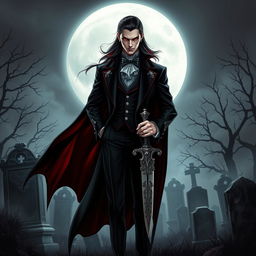 A striking vampire character design for a gothic novel cover, featuring a tall, elegant vampire with long, flowing black hair and piercing red eyes