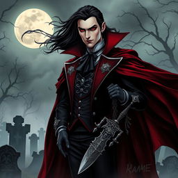 A striking vampire character design for a gothic novel cover, featuring a tall, elegant vampire with long, flowing black hair and piercing red eyes