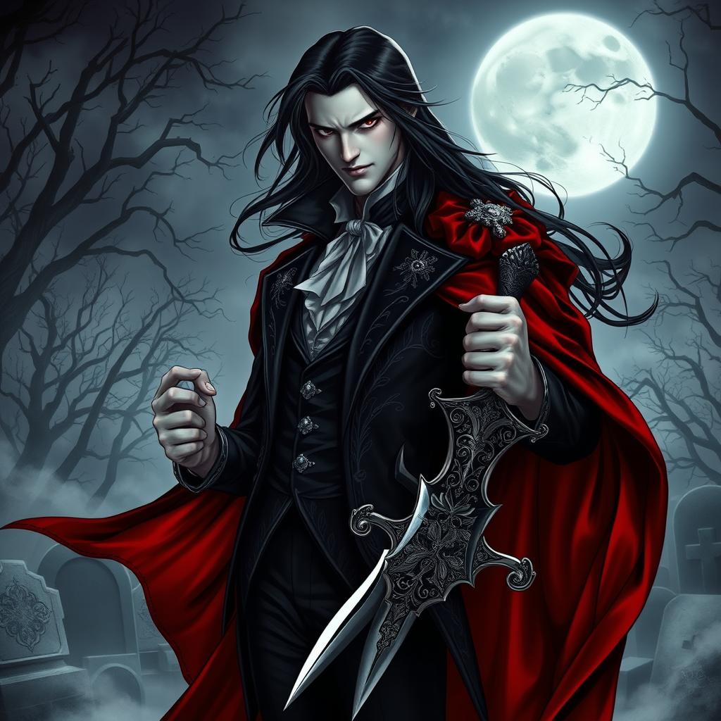 A striking vampire character design for a gothic novel cover, featuring a tall, elegant vampire with long, flowing black hair and piercing red eyes