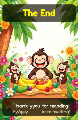 A bright and cheerful illustration of Mottu the monkey having a joyful picnic with his friends in a sunny jungle setting
