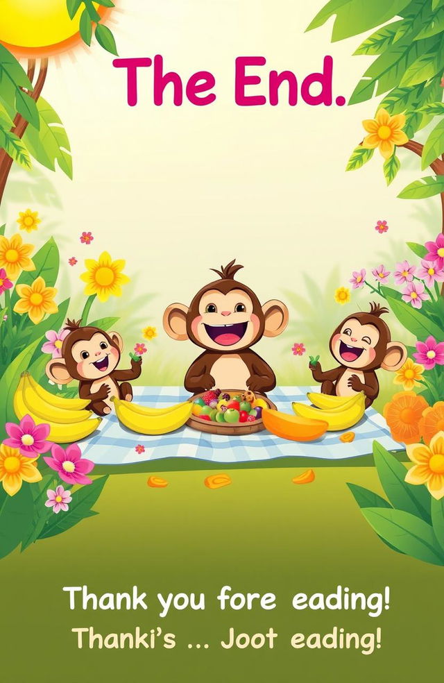 A bright and cheerful illustration of Mottu the monkey having a joyful picnic with his friends in a sunny jungle setting