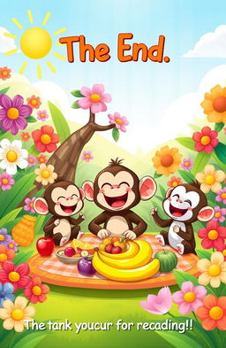 A bright and cheerful illustration of Mottu the monkey having a joyful picnic with his friends in a sunny jungle setting