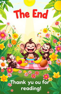 A bright and cheerful illustration of Mottu the monkey having a joyful picnic with his friends in a sunny jungle setting