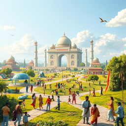 A visionary scene inspired by Narendra Modi's 'Vikshit Bharat 2047' concept, depicting a futuristic and prosperous India