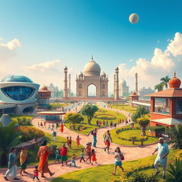 A visionary scene inspired by Narendra Modi's 'Vikshit Bharat 2047' concept, depicting a futuristic and prosperous India
