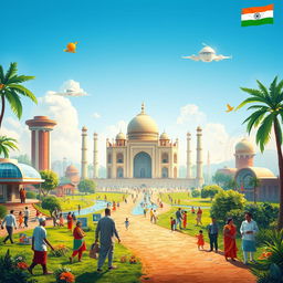 A visionary scene inspired by Narendra Modi's 'Vikshit Bharat 2047' concept, depicting a futuristic and prosperous India