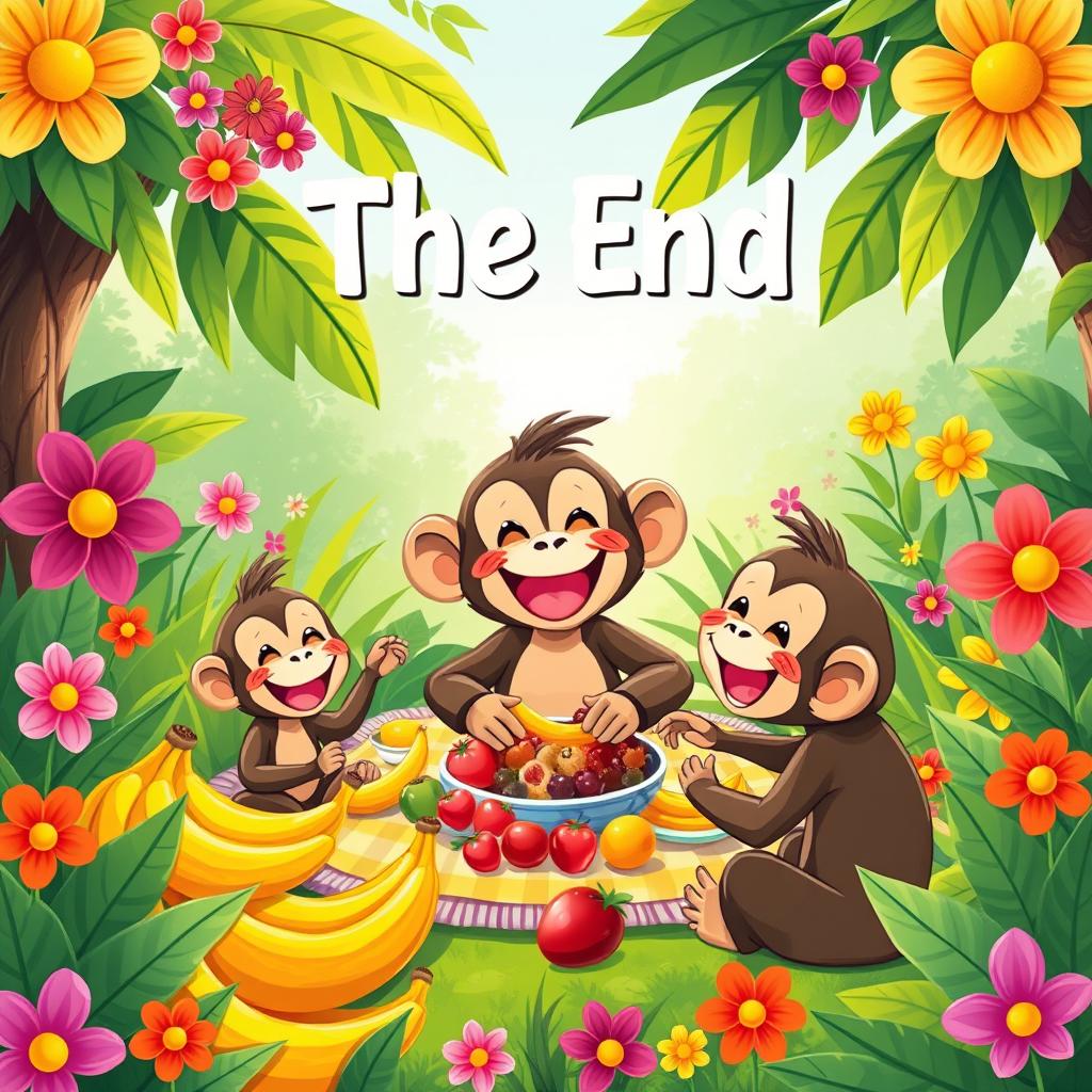 A bright and cheerful illustration of Mottu the monkey having a joyful picnic with his friends, surrounded by an abundance of bananas and colorful fruits, filled with laughter