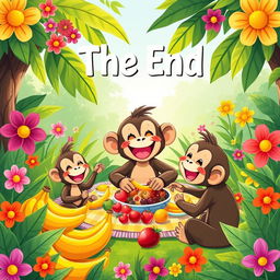 A bright and cheerful illustration of Mottu the monkey having a joyful picnic with his friends, surrounded by an abundance of bananas and colorful fruits, filled with laughter