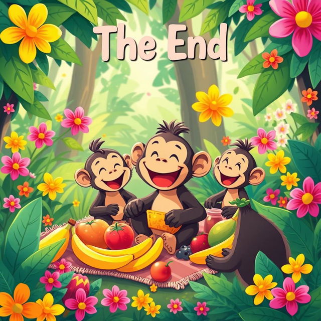 A bright and cheerful illustration of Mottu the monkey having a joyful picnic with his friends, surrounded by an abundance of bananas and colorful fruits, filled with laughter