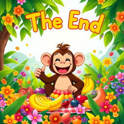 A bright and cheerful illustration of Mottu the monkey having a joyful picnic with his friends, surrounded by an abundance of bananas and colorful fruits, filled with laughter