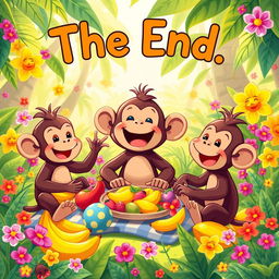 A bright and cheerful illustration of Mottu the monkey having a joyful picnic with his friends, surrounded by an abundance of bananas and colorful fruits, filled with laughter