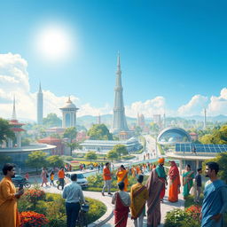 An imaginative representation of a futuristic India in the year 2047, inspired by the aspirations outlined in Narendra Modi's 'Vikshit Bharat' and the visionary ideas from Salakh Khan's book